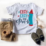 Cray Cray For Pre-K Back To School Sublimation Transfer T-Shirt, showcasing a gray t-shirt with colorful crayola crayon graphic and stylish text design for preschoolers.