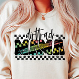 Dirt Track Mama DTF Heat Transfer, colorful racing-themed graphic design on a white sweatshirt.
