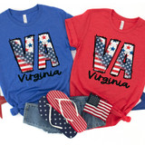 VA Stars & Stripes DTF Heat Transfer, American flag patterned graphic on blue and red T-shirts with 'Virginia' text, patriotic-themed flip-flops, and a small American flag accessory.