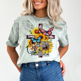 I Can Do All Things Through Christ Cross DTF Heat Transfer, a religious graphic T-shirt featuring a cross, sunflowers, and butterflies.