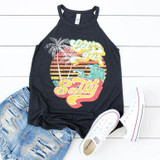 Let's Get Salty Beach Screen Print Heat Transfer, a tank top with a colorful beach scene graphic including a palm tree, sun, ocean waves, and the text 'Let's Salty' in vibrant colors.