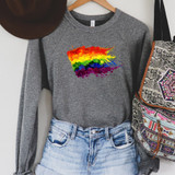 Pride Rainbow Flag DTF Heat Transfer, colorful rainbow pride flag graphic on a grey sweatshirt.