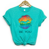 Be You Rainbow Lips Pride DTF Heat Transfer, colorful rainbow lips design on turquoise t-shirt with 'Be You' text.