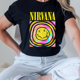 NIR Band Tee DTF Heat Transfer, black t-shirt featuring a colorful, psychedelic Nirvana logo with a smiley face and rainbow design.