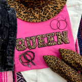 Leopard Chenille Embroidered Patch QUEEN, pink fabric with text and leopard print design, along with accessories including leopard print gloves, earrings, bracelets, and a leopard print hat.