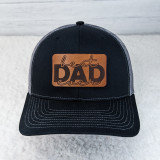 Best Dad Ever Leather Hat Patch, a black and gray trucker cap with a leather patch that says 'best DAD ever' in stylish lettering.