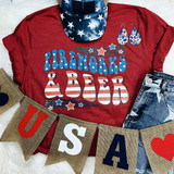 Fireworks & Beer Distressed Screen Print Heat Transfer, patriotic red, white, and blue design with stars and stripes.