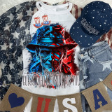 One Two Guess Who's Coming DTF Heat Transfer, graphic T-shirt featuring a spooky vampire face design in red and blue with the text 'one two... GUEST WHO'S COMING FOR YOU' on a collection of patriotic-themed clothing items and accessories.