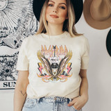 FB World Tour DTF Heat Transfer, colorful graphic design with eagle, wings, lightning, and text on a woman's t-shirt.