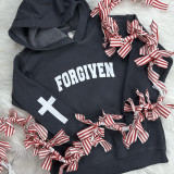 Forgiven YOUTH SET Screen Print Heat Transfer, black hoodie with white text and striped red and white ribbons for decoration.