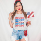 Patriotic Howdy Stacked DTF Heat Transfer, a vibrant heat transfer design featuring red, white, and blue 'Howdy' text in a stacked pattern, ideal for patriotic apparel and crafts.