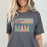Loved Hardworking Selfless Protective Mama DTF Heat Transfer, close-up of a woman wearing a printed T-shirt with colorful text design