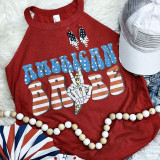 American Babe Peace DISTRESSED Screen Print Heat Transfer T-shirt with patriotic American flag theme, featuring distressed patriotic text and a skeletal hand making a peace sign.