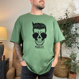 DADLIFE DTF Heat Transfer, a close-up view of a man wearing a green T-shirt with a skull graphic and hashtag #DADLIFE, showcasing the product's design and quality.