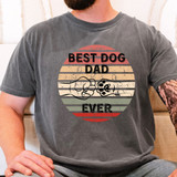 Best Dog Dad Ever DTF Heat Transfer, a T-shirt with a vintage striped background and a graphic of a hand and paw bumping fists.