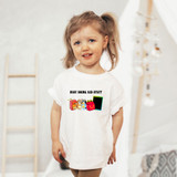 Busy Doing Kid Stuff Blue Dog DTF Heat Transfer, a colorful cartoon graphic of a blue dog, juice box, and tablet on a white T-shirt worn by a young girl.
