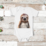 Cute Sloth Photo Sublimation Transfer, adorable sloth face printed on a white baby onesie.