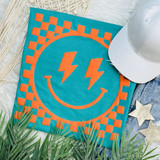 Checkered Happy Face ORANGE PUFF Screen Print Heat Transfer, orange and teal fabric with a smiling face design featuring lightning bolt eyes.