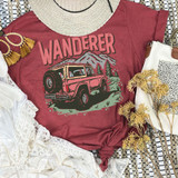 Wanderer Vintage DTF Heat Transfer T-shirt with mountain and off-road vehicle design on a red shirt.