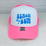 Beach Bum Hat/Pocket Neon Blue Screen Print Heat Transfer, pink trucker cap with neon blue text and palm trees design.