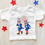 Griddy Uncle Sam DTF Heat Transfer, colorful graphic of Uncle Sam characters celebrating with fireworks on a white t-shirt.