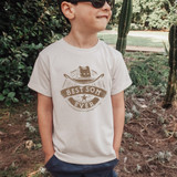 Best Son Ever Cowboy Hat DTF Heat Transfer, a boy wearing a white T-shirt with a cowboy hat graphic and the text 'Best Son Ever' printed on it.