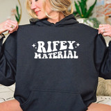 Rifey Material WHITE DTF Heat Transfer, white heat transfer film on black hoodie worn by woman, showcasing high-quality reflective design for custom apparel printing.