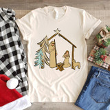 Nativity Scene Screen Print Heat Transfer, Christmas nativity scene with baby Jesus, Mary, Joseph, and animals, on a white T-shirt ready for printing.