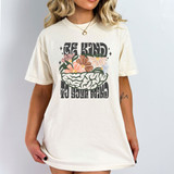 Be Kind To Your Mind DTF Heat Transfer, T-shirt with a design of a brain filled with colorful flowers and text.