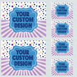 Custom DTF Transfers - GANG SHEET PREMADE, image showing various sizes of colorful custom DTF transfer sheets with polka dot and striped backgrounds for personalized designs.