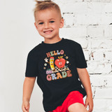 Hello 5th Grade Retro DTF Heat Transfer, a colorful and playful design featuring an illustration of a pencil and an apple with mascots and text for fifth grade students.
