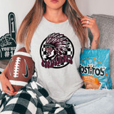 Indians Mascot Glitter Effect DTF Heat Transfer, featuring a sports mascot design with a glittery effect on a grey t-shirt worn by a woman.