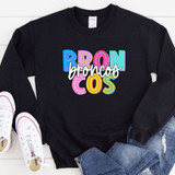 Broncos Colorful DTF Heat Transfer, vibrant multicolor design on a black sweatshirt.