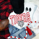 Tigers Red PUFF Screen Print Heat Transfer, red and black tiger face design on white sweatshirt with red 'TIGERS' text.