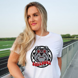 Bulldogs Mascot DTF Heat Transfer, image of a woman wearing a t-shirt with a bulldog mascot design featuring sunglasses and the word 'BULLDOGS' underneath.