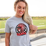 Chiefs Red Mascot DTF Heat Transfer, a woman wearing a T-shirt with the Chiefs mascot logo and text.