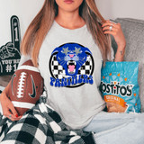 Panthers Mascot DTF Heat Transfer, blue panther mascot graphic with checkered background and star-shaped sunglasses on a woman's t-shirt.