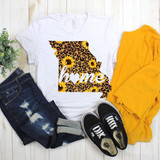 Missouri Home Leopard and Sunflower Sublimation Transfer T-shirt, white t-shirt featuring a leopard print map of Missouri with sunflower accents and the word 'home' in white script.