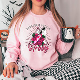 Feeling A Little Stabby DTF Heat Transfer, pink sweatshirt with a design of a razor, rose, and text.