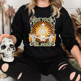 Fall State Of Mind DTF Heat Transfer, colorful skeleton and floral design on a black sweatshirt.