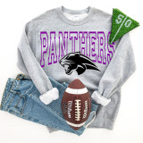 Panthers Purple DTF Heat Transfer, close-up of a teal-colored transfer with white text and logo, placed on a grey sweatshirt with purple text and black panther logo.