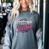 Western Barbie Leopard DTF Heat Transfer, graphic design on a gray sweatshirt featuring a leopard print circle with the words 'Western Barbie' in bold and stylish fonts.