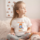 This Episode Is Called Pre-K PURPLE DTF Heat Transfer, a girl wearing a white t-shirt with a colorful cartoon of a dog with a backpack and the text "This episode is called Pre-K" printed on it.
