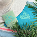 Team Day Drunk Mint PUFF Pocket Screen Print Heat Transfer, colorful printed heat transfer on teal and mint shirts with a striped towel, white sun hat, and green palm leaves.