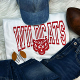 Wildcats Red PUFF Screen Print Heat Transfer, white fabric with red Wildcats logo and text, surrounded by denim jeans, a blue cap, earrings, and a brown leather item.