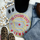 The Cyclone State Red PUFF Screen Print Heat Transfer, a red and yellow printed graphic featuring the state of Iowa, stars, and text on a gray T-shirt.