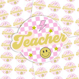 Checkered Teacher Sticker Sheet, colorful sticker with a pink checkered background, yellow 'Teacher' text, smiley face, stars, and lightning bolt designs.