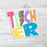 Teacher Lightening Bolt Die Cut Sticker, colorful and bold lightning bolt with a leopard print design, perfect for teachers or educational decor