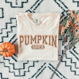 Pumpkin Spice Leopard Screen Print Heat Transfer, cozy fall-themed graphic on a cream-colored T-shirt, with pumpkins and autumn leaves surrounding it.
