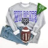 Wildcats, product image of a custom color options DTF heat transfer on a gray sweatshirt with Wildcats team logo and text, paired with denim jeans and sports accessories.